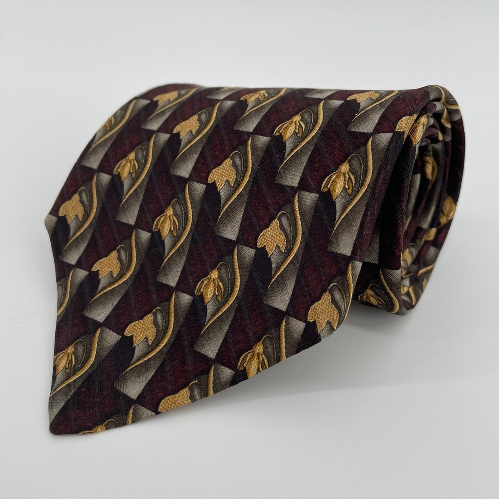 Robert Talbott Studio Mens Silk Tie Burgundy Gold Grey Floral Geometric USA Made